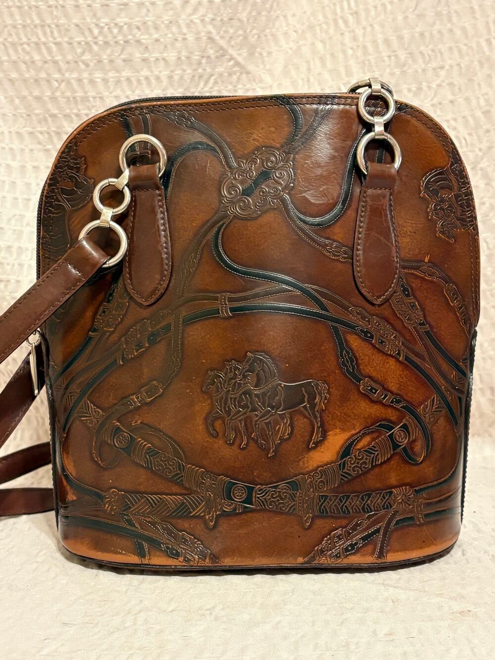 Vintage Made in Italy Equestrian Horse Embossed Brown Leather Shoulder Bag